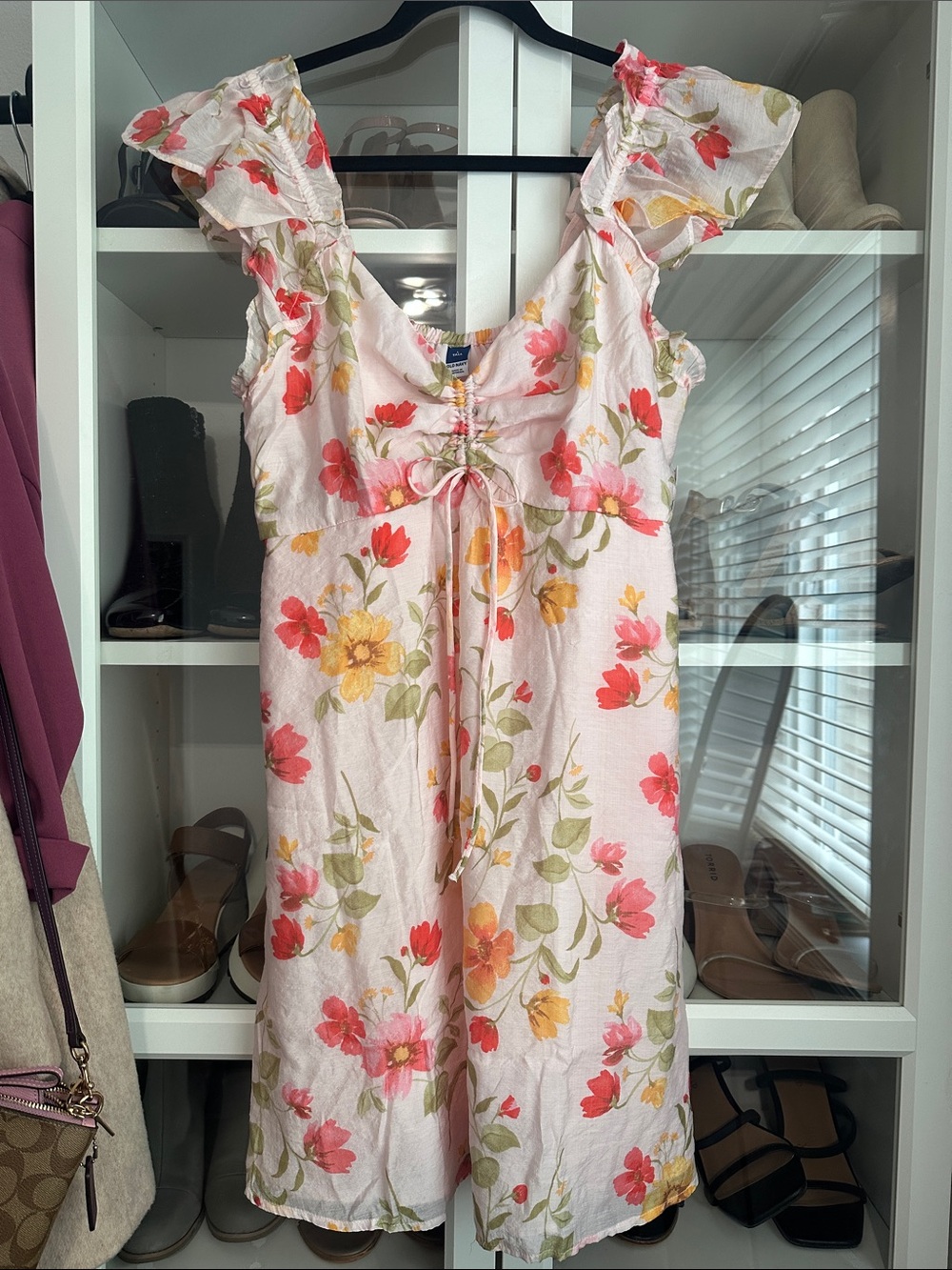 Pockets!! Old Navy Floral Tie-Front Ruffle Sleeves Dress - Pink Yellow Floral